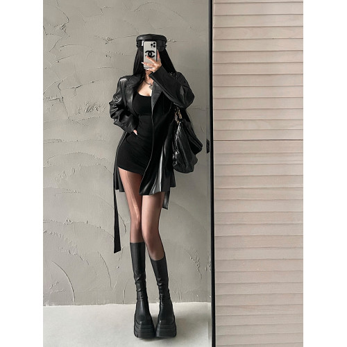 YoungGirlDay歐美時髦翻領寬松系帶收腰中長款pu皮衣機車服外套女 YoungGirlDay歐美時髦翻領寬松系帶收腰中長款pu皮衣機車服外套女