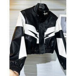 歐貨黑白撞色刺綉炸街皮衣短外套女2025秋季新款設計感夾克機車服