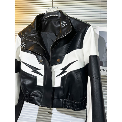 歐貨黑白撞色刺綉炸街皮衣短外套女2025秋季新款設計感夾克機車服 歐貨黑白撞色刺綉炸街皮衣短外套女2025秋季新款設計感夾克機車服