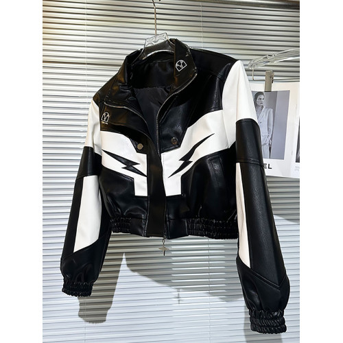 歐貨黑白撞色刺綉炸街皮衣短外套女2025秋季新款設計感夾克機車服 歐貨黑白撞色刺綉炸街皮衣短外套女2025秋季新款設計感夾克機車服