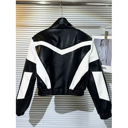 歐貨黑白撞色刺綉炸街皮衣短外套女2025秋季新款設計感夾克機車服 歐貨黑白撞色刺綉炸街皮衣短外套女2025秋季新款設計感夾克機車服