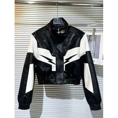 歐貨黑白撞色刺綉炸街皮衣短外套女2025秋季新款設計感夾克機車服 歐貨黑白撞色刺綉炸街皮衣短外套女2025秋季新款設計感夾克機車服