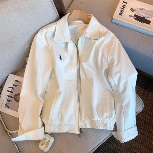 美式復古潮牌白色翻領工裝夾克外套男女春秋設計感氣質休閒棒球服 美式復古潮牌白色翻領工裝夾克外套男女春秋設計感氣質休閒棒球服