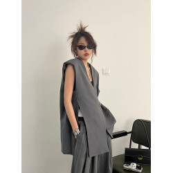 2025新款ins潮設計感美式廓形寬松無袖無領西裝馬甲坎肩背心女