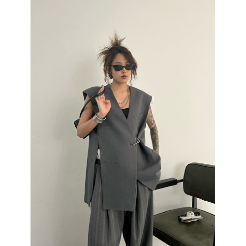 2025新款ins潮設計感美式廓形寬松無袖無領西裝馬甲坎肩背心女 2025新款ins潮設計感美式廓形寬松無袖無領西裝馬甲坎肩背心女