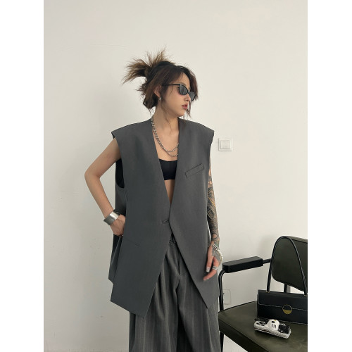 2025新款ins潮設計感美式廓形寬松無袖無領西裝馬甲坎肩背心女 2025新款ins潮設計感美式廓形寬松無袖無領西裝馬甲坎肩背心女