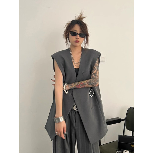 2025新款ins潮設計感美式廓形寬松無袖無領西裝馬甲坎肩背心女 2025新款ins潮設計感美式廓形寬松無袖無領西裝馬甲坎肩背心女