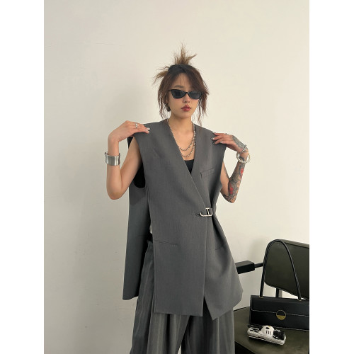 2025新款ins潮設計感美式廓形寬松無袖無領西裝馬甲坎肩背心女 2025新款ins潮設計感美式廓形寬松無袖無領西裝馬甲坎肩背心女