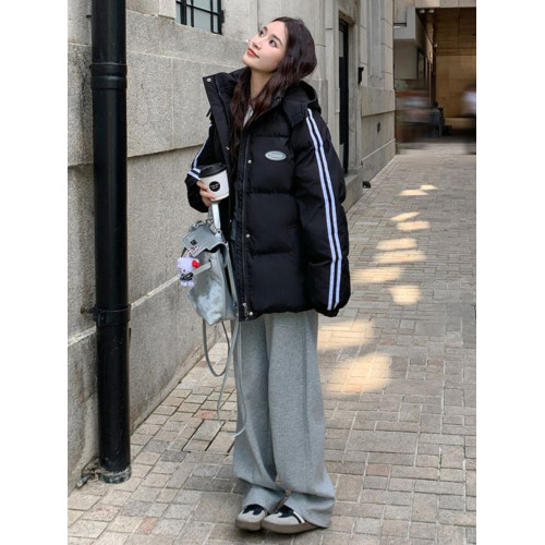 黑色羽絨棉服女冬季2025新款韓系寬松學院風連帽加厚條紋棉襖外套 黑色羽絨棉服女冬季2025新款韓系寬松學院風連帽加厚條紋棉襖外套