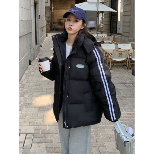 黑色羽絨棉服女冬季2025新款韓系寬松學院風連帽加厚條紋棉襖外套 黑色羽絨棉服女冬季2025新款韓系寬松學院風連帽加厚條紋棉襖外套