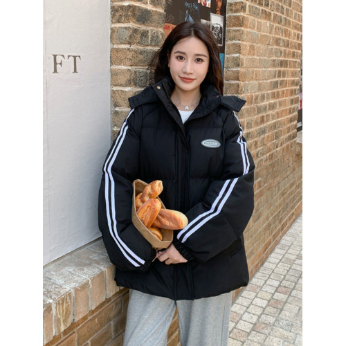 黑色羽絨棉服女冬季2025新款韓系寬松學院風連帽加厚條紋棉襖外套 黑色羽絨棉服女冬季2025新款韓系寬松學院風連帽加厚條紋棉襖外套