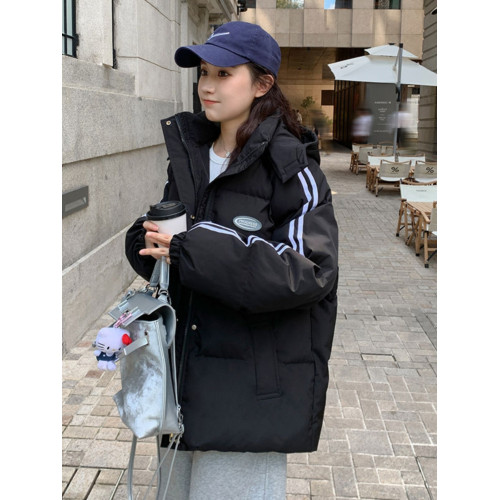 黑色羽絨棉服女冬季2025新款韓系寬松學院風連帽加厚條紋棉襖外套 黑色羽絨棉服女冬季2025新款韓系寬松學院風連帽加厚條紋棉襖外套
