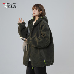 啄木鳥連帽棉衣女生2025冬季新款羊羔毛保暖外套寬松加絨加厚棉服