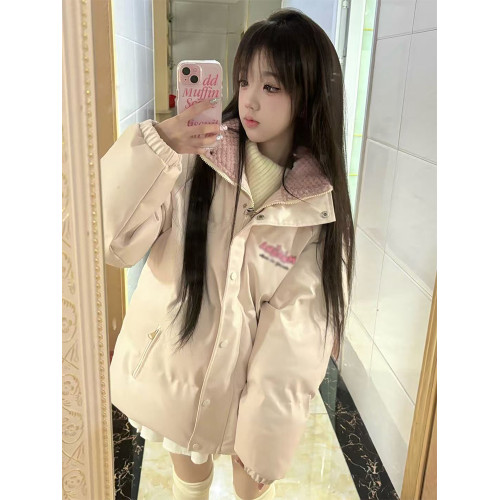 韓系可愛羊羔毛拼接羽絨棉服女冬季立領寬松加厚保暖夾棉外套棉襖 韓系可愛羊羔毛拼接羽絨棉服女冬季立領寬松加厚保暖夾棉外套棉襖
