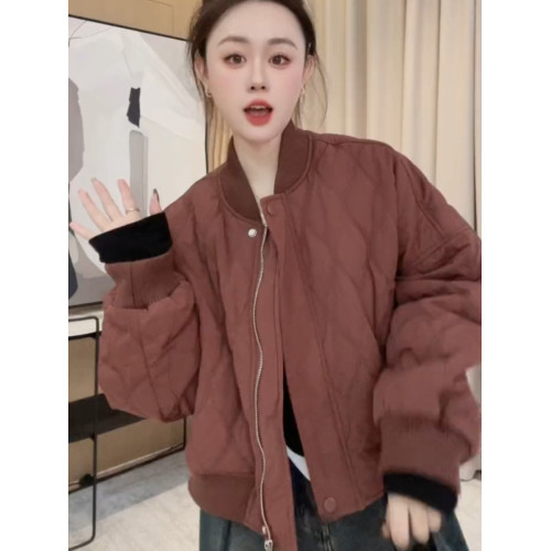 美式復古菱格棉服女短款2025年秋冬新款小個子爆款夾棉棒球服外套 美式復古菱格棉服女短款2025年秋冬新款小個子爆款夾棉棒球服外套