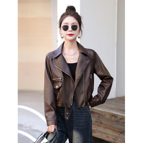 2025新款秋冬加絨加厚爆款皮衣外套女短款機車棕色小個子pu皮夾克 2025新款秋冬加絨加厚爆款皮衣外套女短款機車棕色小個子pu皮夾克