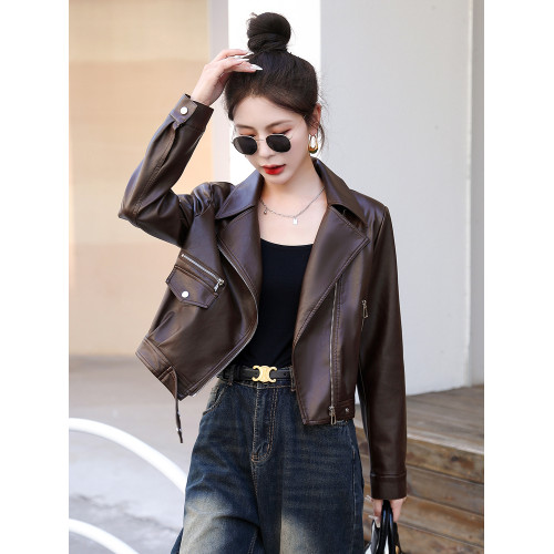 2025新款秋冬加絨加厚爆款皮衣外套女短款機車棕色小個子pu皮夾克 2025新款秋冬加絨加厚爆款皮衣外套女短款機車棕色小個子pu皮夾克