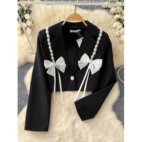 小香風外套女2024秋季新款重工釘珠蝴蝶結裝飾短款小西裝長袖上衣