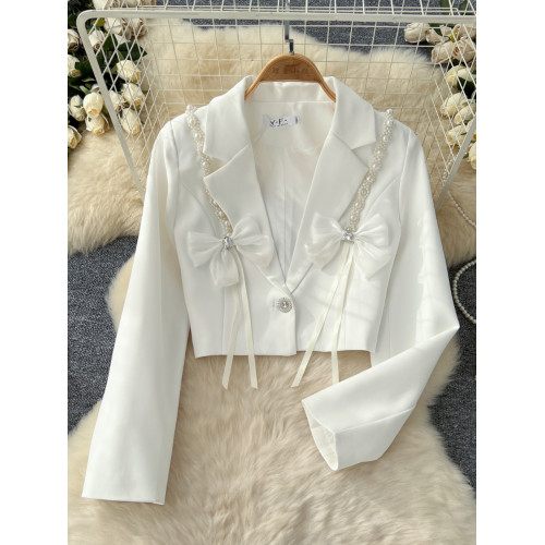 小香風外套女2024秋季新款重工釘珠蝴蝶結裝飾短款小西裝長袖上衣