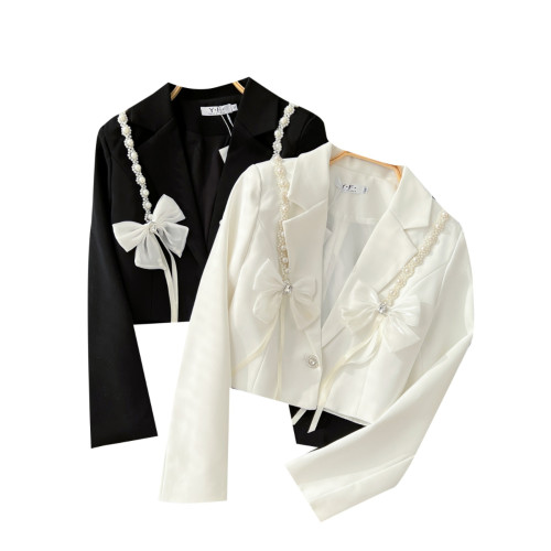 小香風外套女2024秋季新款重工釘珠蝴蝶結裝飾短款小西裝長袖上衣