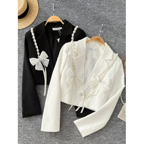 小香風外套女2024秋季新款重工釘珠蝴蝶結裝飾短款小西裝長袖上衣