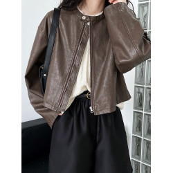 美式復古拉鍊短款長袖PU皮外套女2025春秋新款別致修身上衣潮