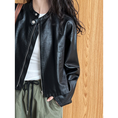 美式復古拉鍊短款長袖PU皮外套女2025春秋新款別致修身上衣潮 美式復古拉鍊短款長袖PU皮外套女2025春秋新款別致修身上衣潮