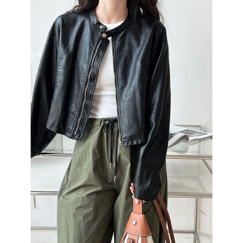 美式復古拉鍊短款長袖PU皮外套女2025春秋新款別致修身上衣潮 美式復古拉鍊短款長袖PU皮外套女2025春秋新款別致修身上衣潮