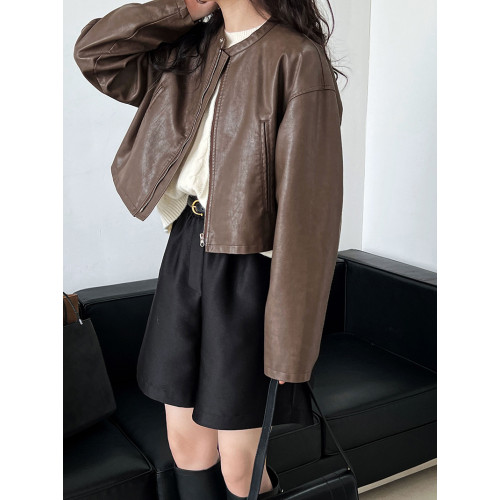 美式復古拉鍊短款長袖PU皮外套女2025春秋新款別致修身上衣潮 美式復古拉鍊短款長袖PU皮外套女2025春秋新款別致修身上衣潮