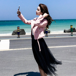 2025春秋新款皮衣女短款韓版修身機車pu皮夾克粉色黑色小外套上衣