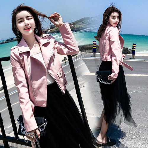 2025春秋新款皮衣女短款韓版修身機車pu皮夾克粉色黑色小外套上衣 2025春秋新款皮衣女短款韓版修身機車pu皮夾克粉色黑色小外套上衣