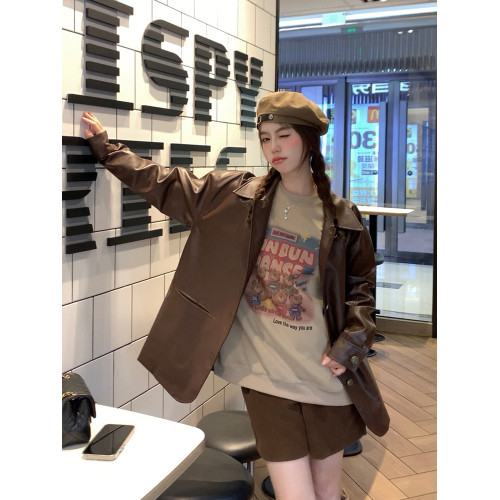 2025年春秋新款韓系時尚咖色寬鬆顯瘦小香風pu皮衣外套女棕色爆款