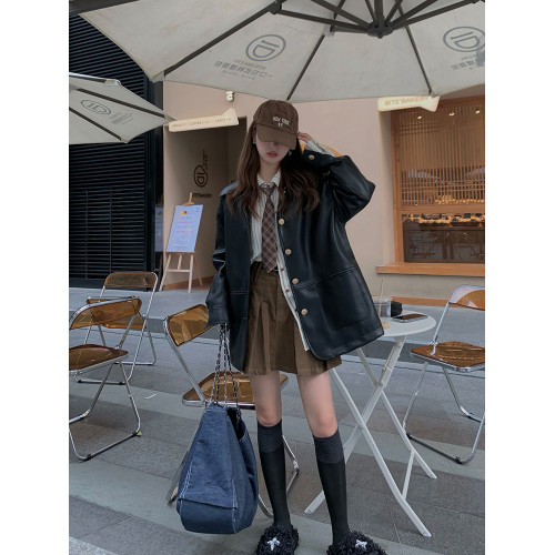 2025年春秋新款韓系時尚咖色寬鬆顯瘦小香風pu皮衣外套女棕色爆款