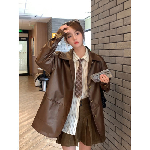2025年春秋新款韓系時尚咖色寬鬆顯瘦小香風pu皮衣外套女棕色爆款