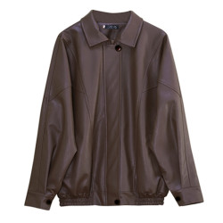 復古棕色皮衣女2025年春季新款寬松皮夾克機車外套