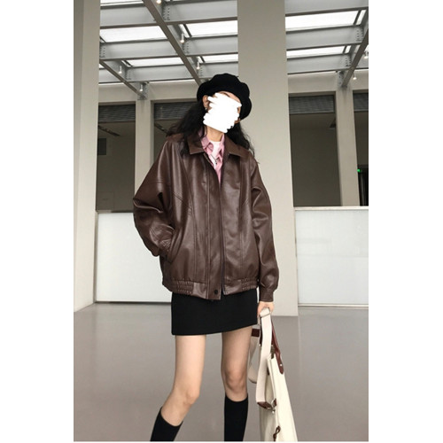 復古棕色皮衣女2025年春季新款寬松皮夾克機車外套 復古棕色皮衣女2025年春季新款寬松皮夾克機車外套