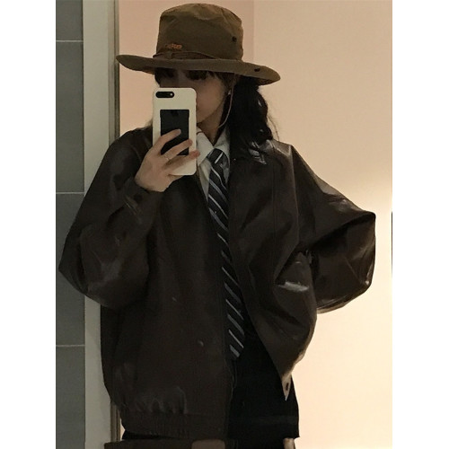 復古棕色皮衣女2025年春季新款寬松皮夾克機車外套 復古棕色皮衣女2025年春季新款寬松皮夾克機車外套