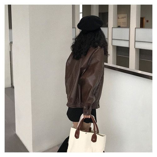 復古棕色皮衣女2025年春季新款寬松皮夾克機車外套 復古棕色皮衣女2025年春季新款寬松皮夾克機車外套