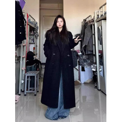 赫本風黑色呢子大衣女秋冬2025新款中長款毛呢外套韓系小個子加厚