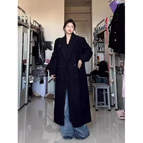 赫本風黑色呢子大衣女秋冬2025新款中長款毛呢外套韓系小個子加厚