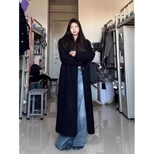 赫本風黑色呢子大衣女秋冬2025新款中長款毛呢外套韓系小個子加厚