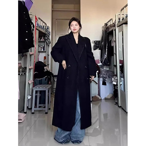 赫本風黑色呢子大衣女秋冬2025新款中長款毛呢外套韓系小個子加厚