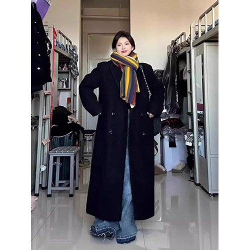 赫本風黑色呢子大衣女秋冬2025新款中長款毛呢外套韓系小個子加厚