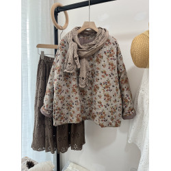 24秋冬新品森系文藝棉麻女裝圓領小碎花棉襖復古風寬松版加棉上衣