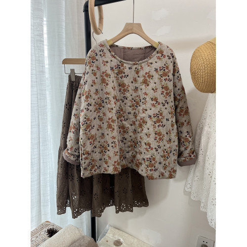 24秋冬新品森系文藝棉麻女裝圓領小碎花棉襖復古風寬松版加棉上衣 24秋冬新品森系文藝棉麻女裝圓領小碎花棉襖復古風寬松版加棉上衣