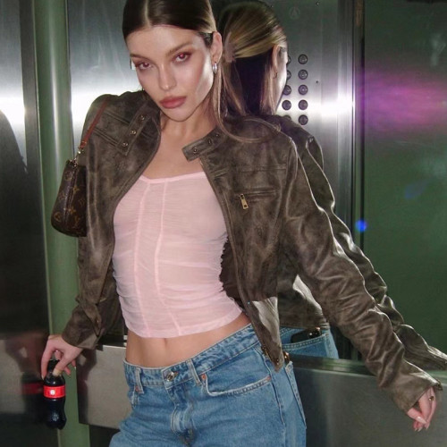 美式復古做舊咖啡色短款夾克外套2024春季新款辣妹百搭立領PU皮衣 美式復古做舊咖啡色短款夾克外套2024春季新款辣妹百搭立領PU皮衣