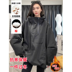黑色連帽加棉加厚工裝風衣外套女秋冬新款休閒寬松夾克時尚沖鋒衣