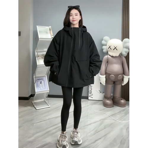 黑色連帽加棉加厚工裝風衣外套女秋冬新款休閒寬松夾克時尚沖鋒衣