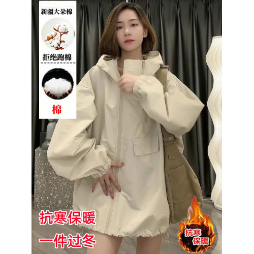 黑色連帽加棉加厚工裝風衣外套女秋冬新款休閒寬松夾克時尚沖鋒衣