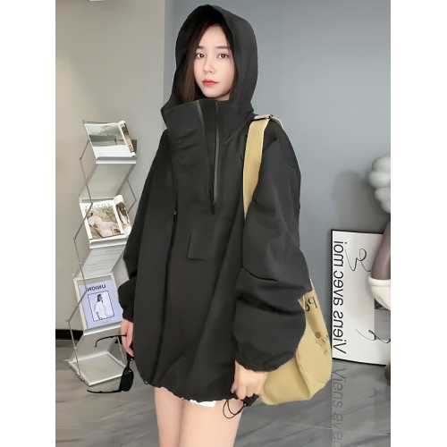 黑色連帽加棉加厚工裝風衣外套女秋冬新款休閒寬松夾克時尚沖鋒衣